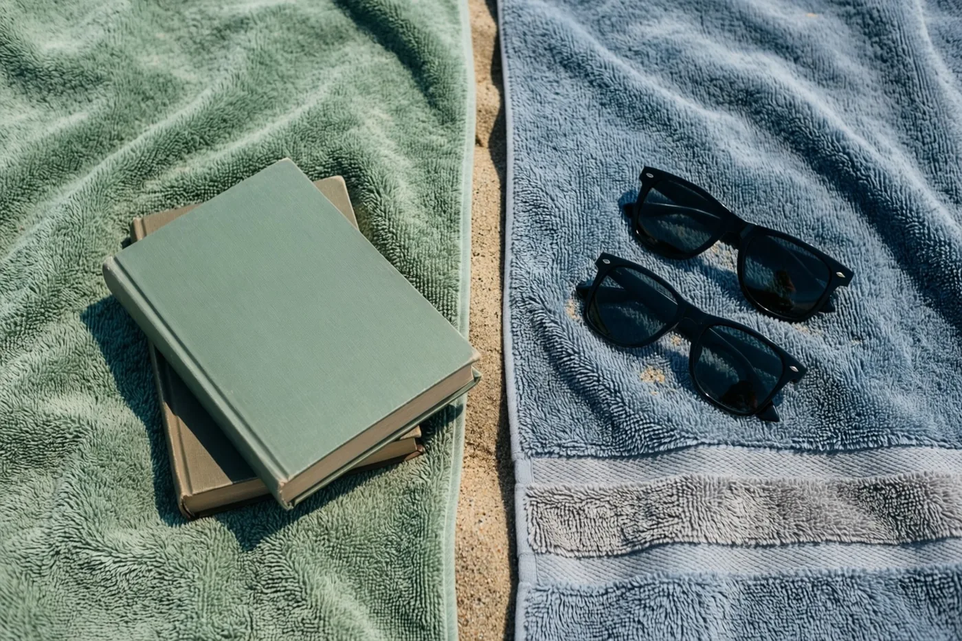 Een groene en een blauwe strandhanddoek liggen naast elkaar op het zand, elk met een zonnebril en een boek, in zacht natuurlijk licht.