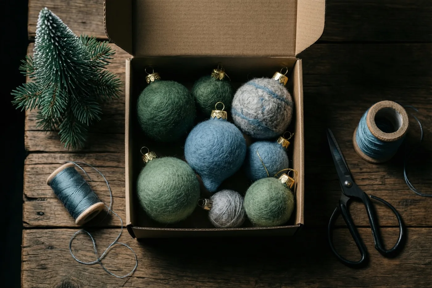 Een open kartonnen doos met handgemaakte groene en blauwe vilten kerstversiering staat op een houten tafel naast garenklosjes, een schaar en een dennentakje.