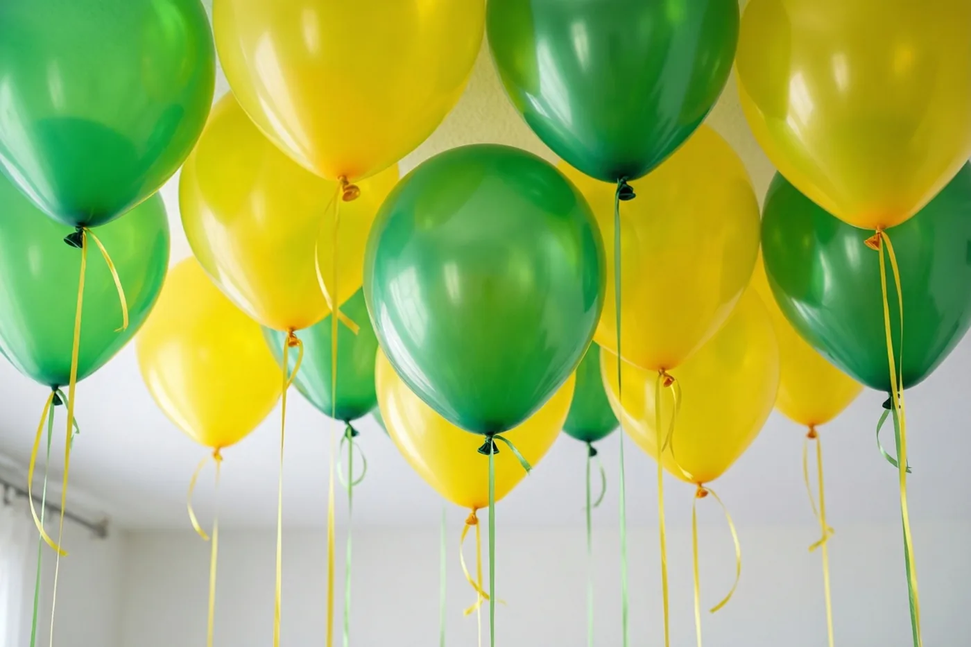 Groene en gele ballonnen zweven tegen een wit plafond, met lange linten naar beneden.