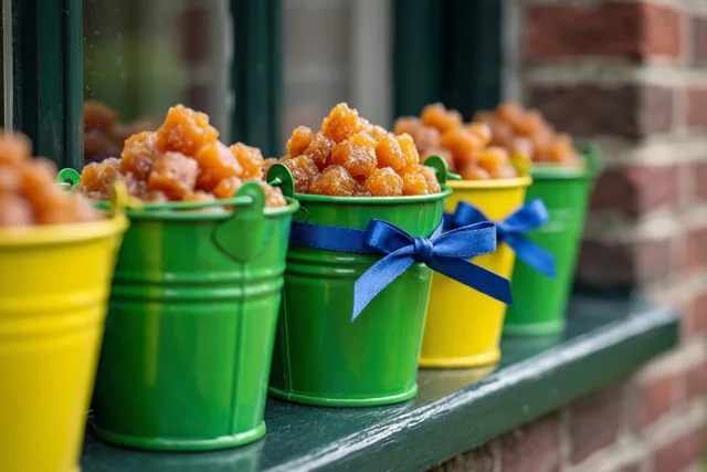 Groene en gele blikken emmertjes met doopsuiker en blauwe linten staan op een vensterbank bij een groen raamkozijn tegen een bakstenen muur.
