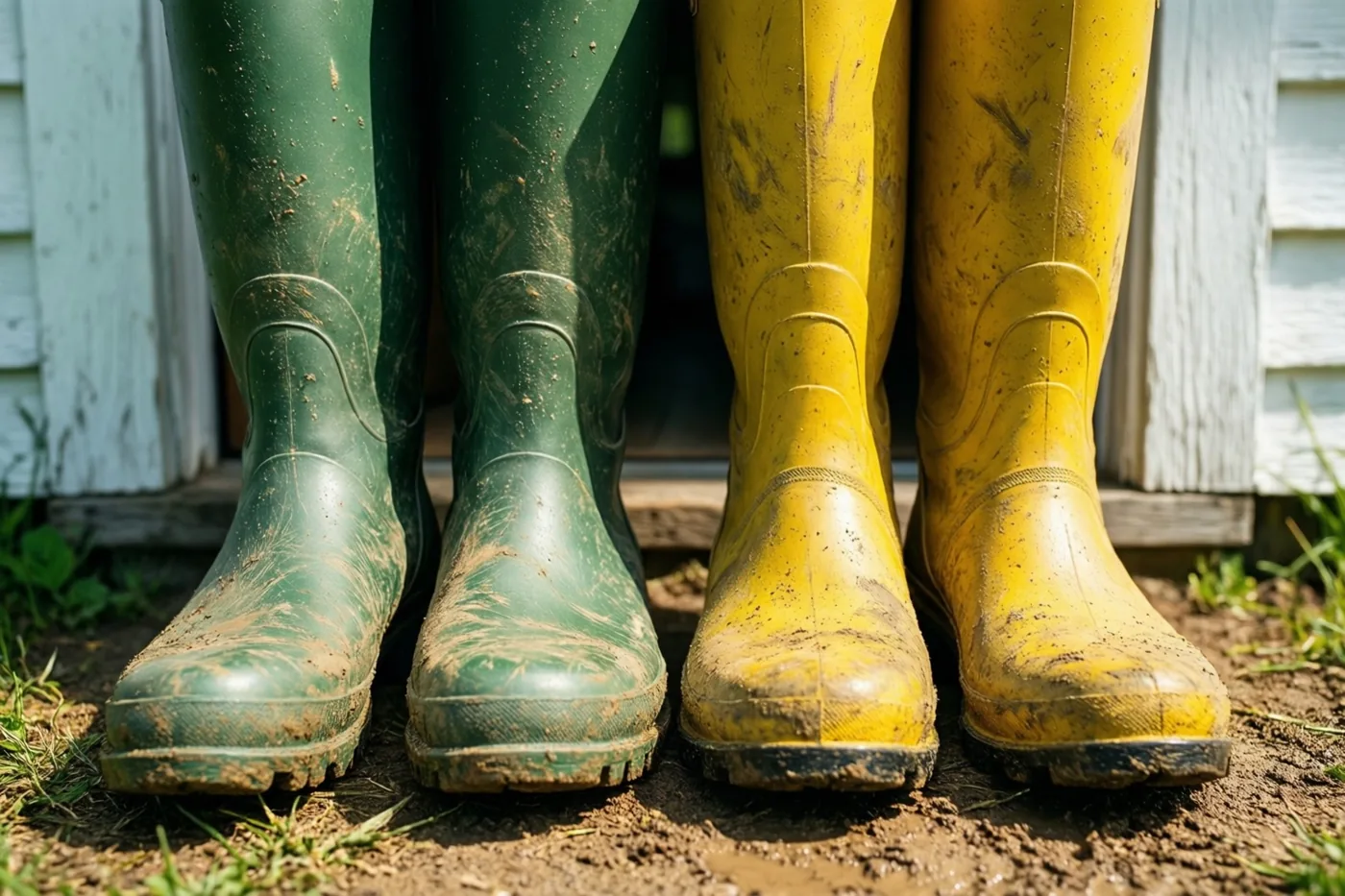 Twee paar modderige rubberlaarzen, een groen paar en een geel paar, staan naast elkaar op de aarde bij de drempel van een witgekalkte houten deur.