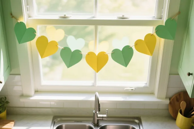 Een slinger van groene en gele papieren hartjes hangt voor een zonnig keukenraam boven een roestvrijstalen spoelbak, met groene kasten eronder.