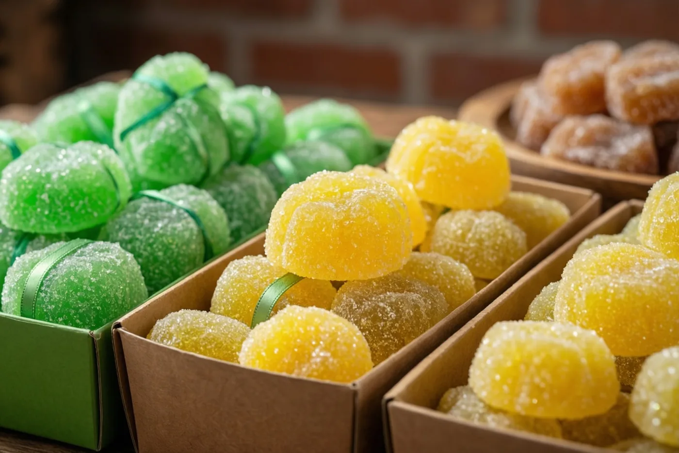 Doosjes met groene en gele suikersnoepjes staan op een houten tafel voor een bakstenen muur, sommige dichtgebonden met linten.