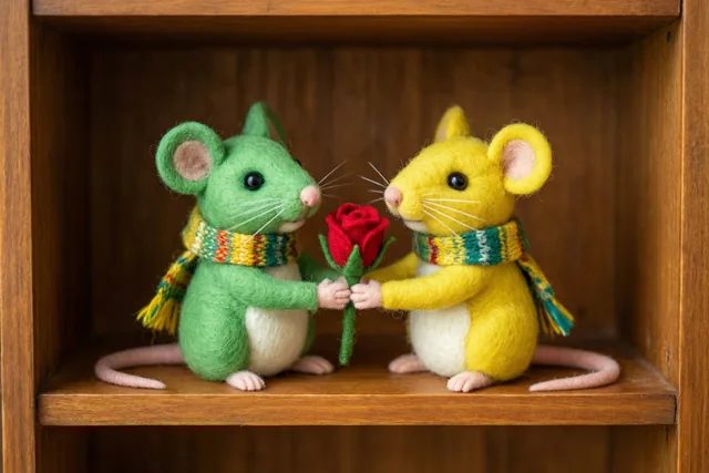Een groene en een gele vilten muis met kleurrijke sjaals zitten op een houten plank, kijken elkaar aan en houden samen een rode rozenknop vast.