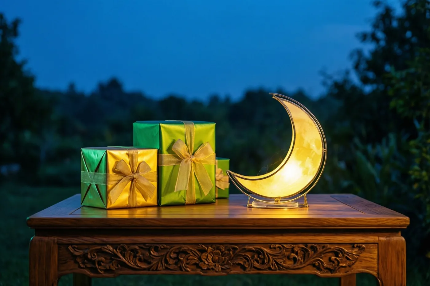 Groen en goud ingepakte cadeaus met strikken staan naast een lichtgevende maanlantaarn op een sierlijke houten tafel, buiten bij schemering met bomen op de achtergrond.
