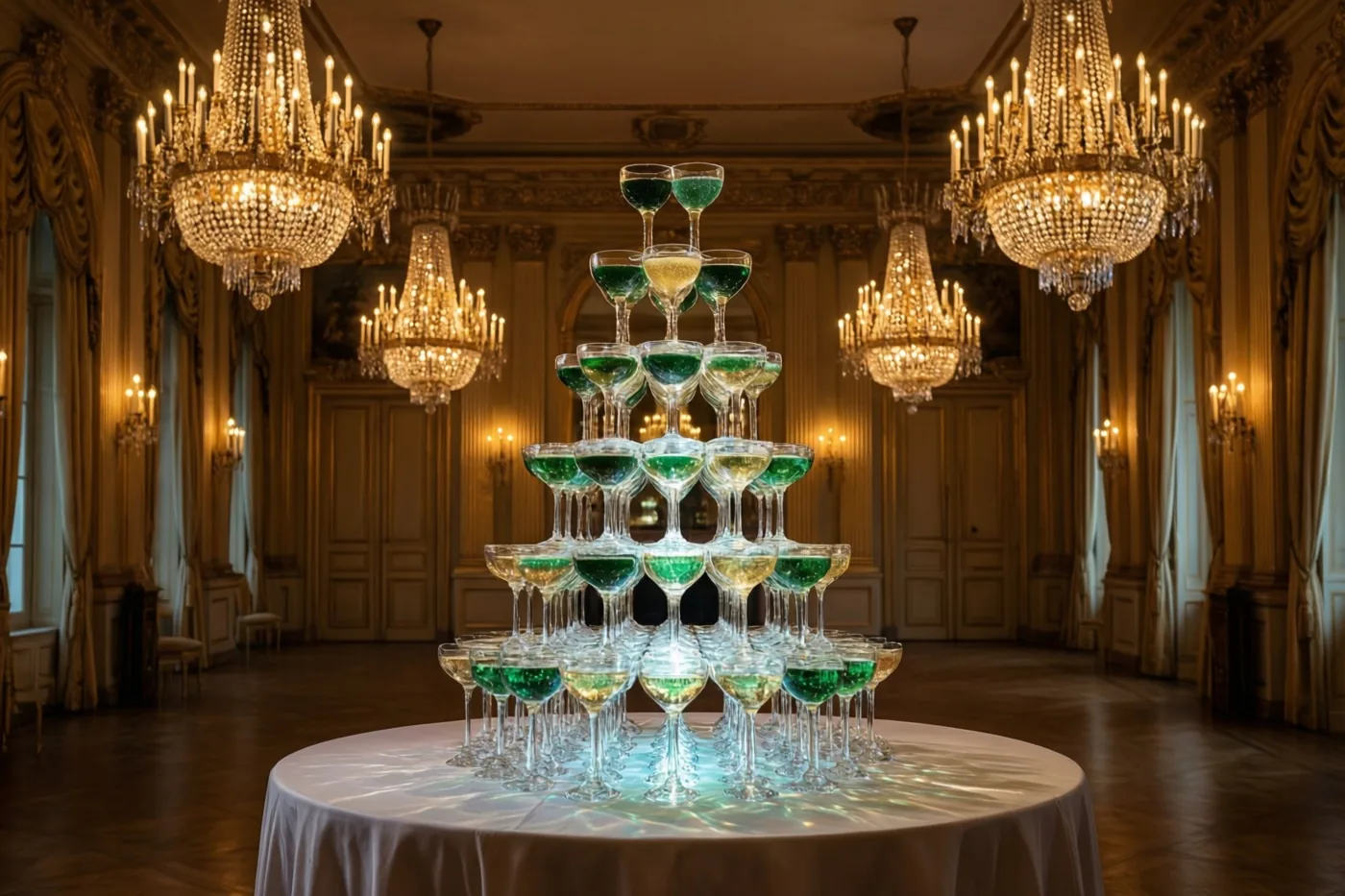 Een hoge opstelling van champagnefluiten met groene en gouden vloeistof staat op een ronde witte tafel in een balzaal met kristallen kroonluchters, gouden muren en houten vloeren.