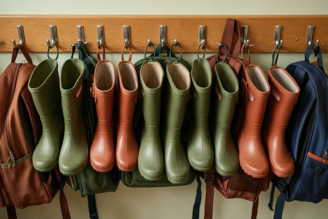 Kleine groene en oranje rubberlaarzen hangen aan metalen haken op een houten lat, naast boekentassen in dezelfde kleuren tegen een effen klasmuur.