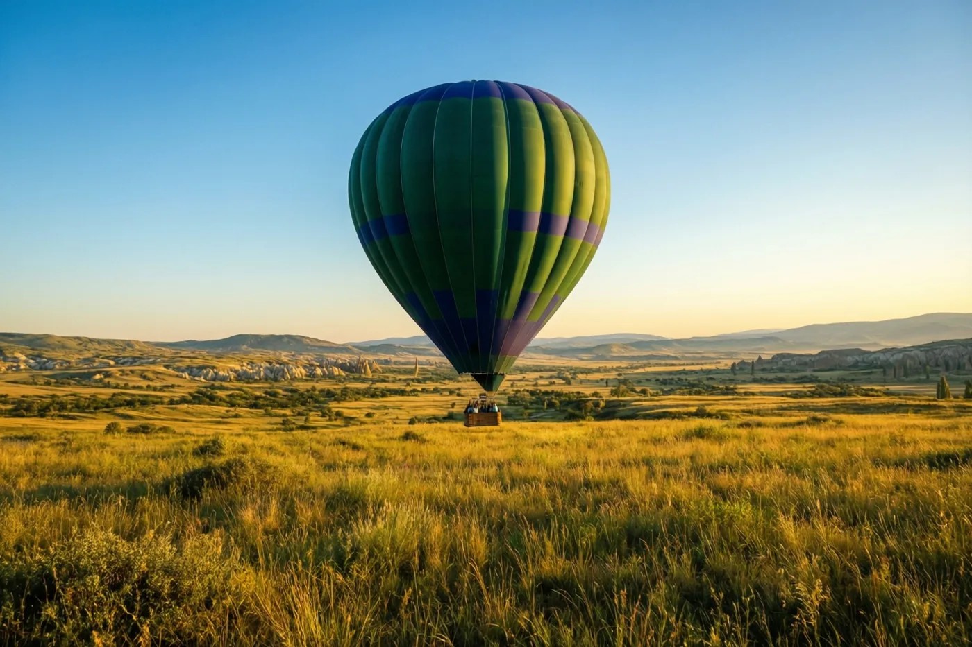 Een groene en paarse luchtballon stijgt op uit een goudkleurige weide onder een helderblauwe hemel in warm zonlicht.