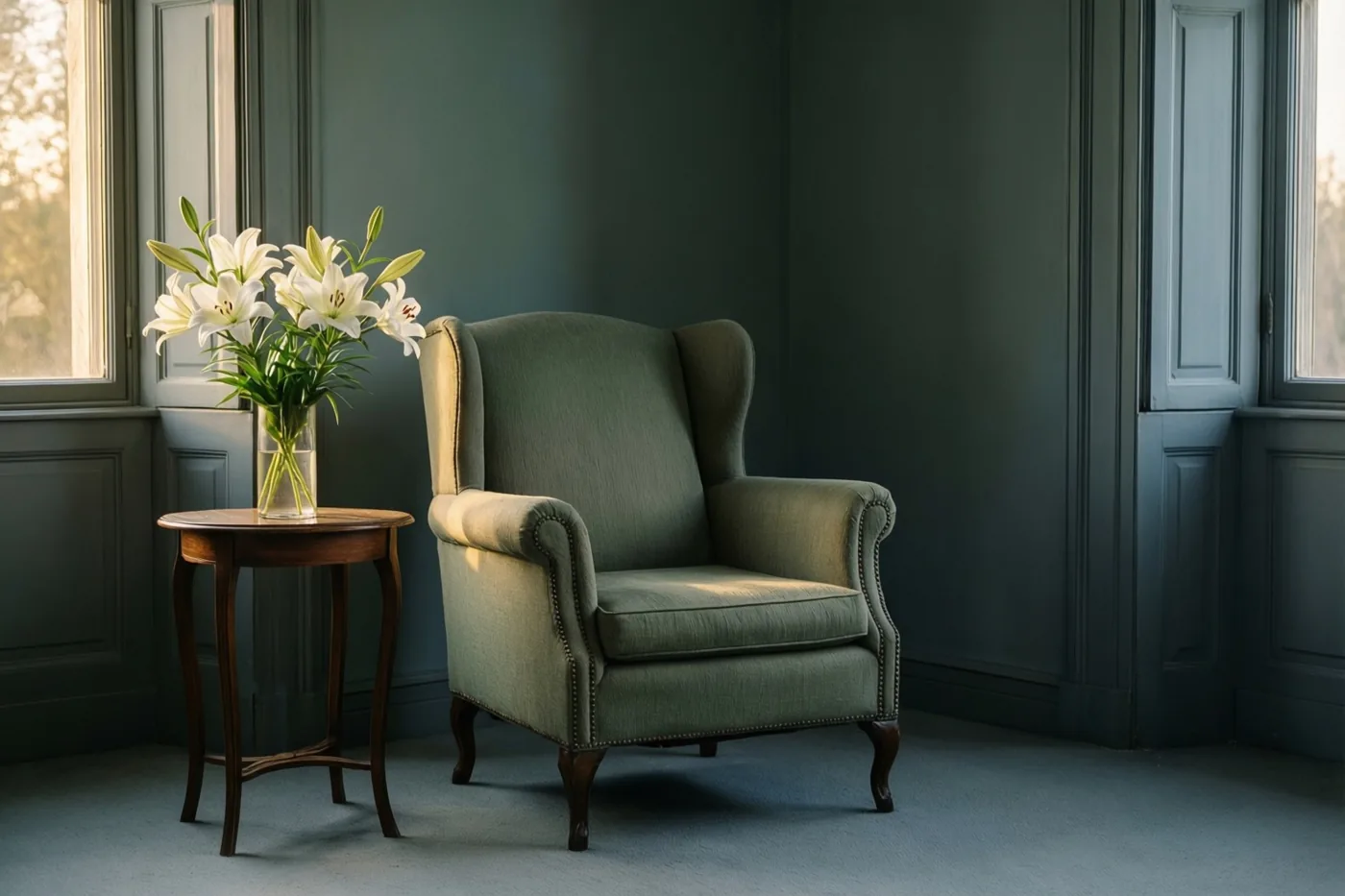 Een lege groene stoffen fauteuil staat in een sobere kamer met donkere muren naast een houten bijzettafeltje met een vaas witte lelies in zacht raamlicht.