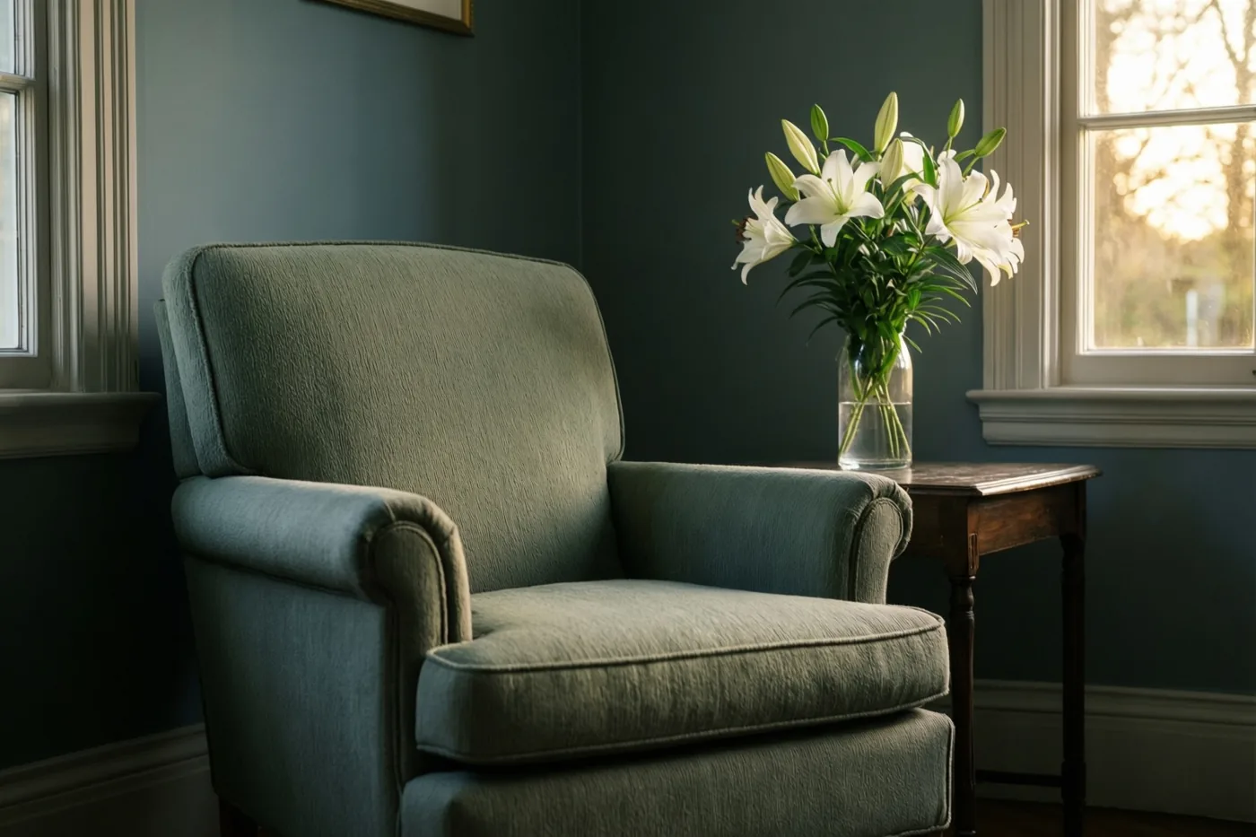 Een lege groene stoffen fauteuil staat in een schemerige kamer met donkerblauwe muren naast een houten bijzettafeltje met witte lelies in een heldere vaas, verlicht door zacht raamlicht.