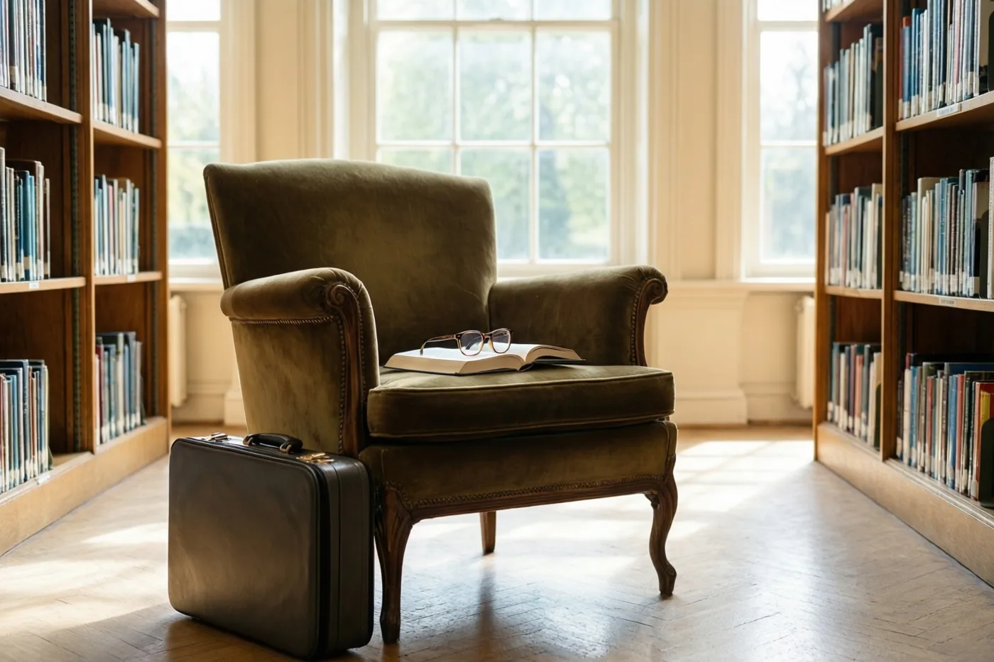 Een groene fluwelen fauteuil met een open boek en leesbril staat tussen hoge boekenkasten in een zonnige bibliotheek, met een gesloten donkere aktetas op de houten vloer.
