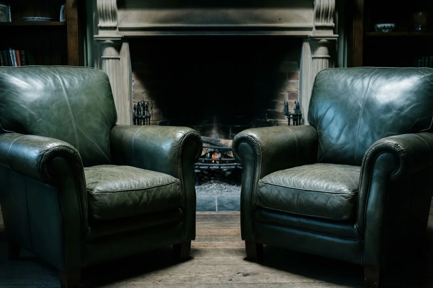 Twee donkergroene leren fauteuils staan tegenover elkaar voor een stenen haard met een klein vuur in een schemerige, rustieke kamer met houten vloer en boekenkasten.