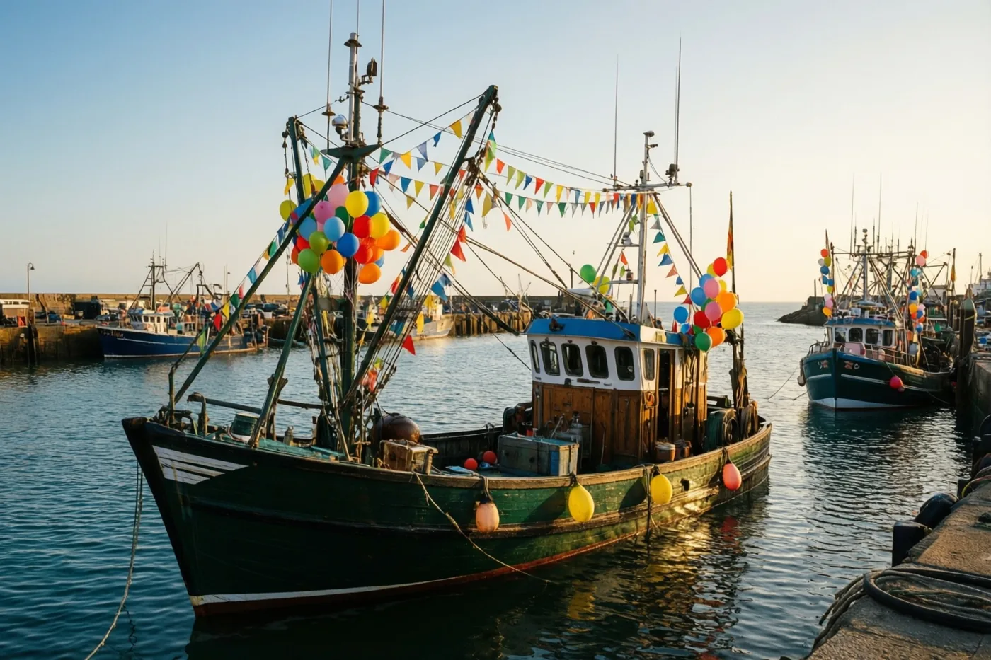 Een groene vissersboot met kleurrijke ballonnen en vlaggenlijnen ligt bij zonsondergang in een haven, met kalm water en andere boten op de achtergrond.