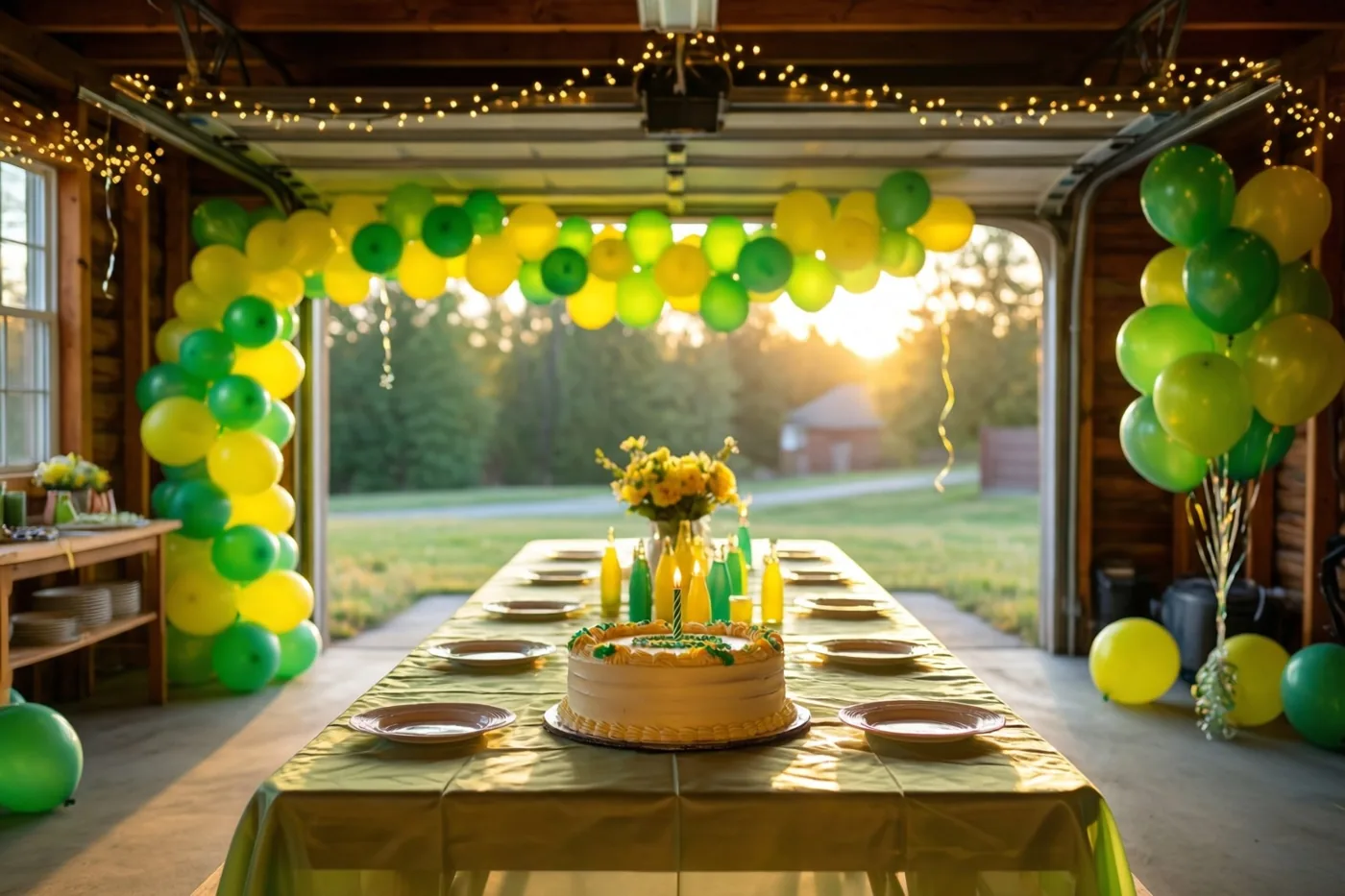 In een garage staat een lange feesttafel met een groen tafelkleed, taart en borden, tussen gele en groene ballonnen onder lichtslingers en zonlicht door de open poort.