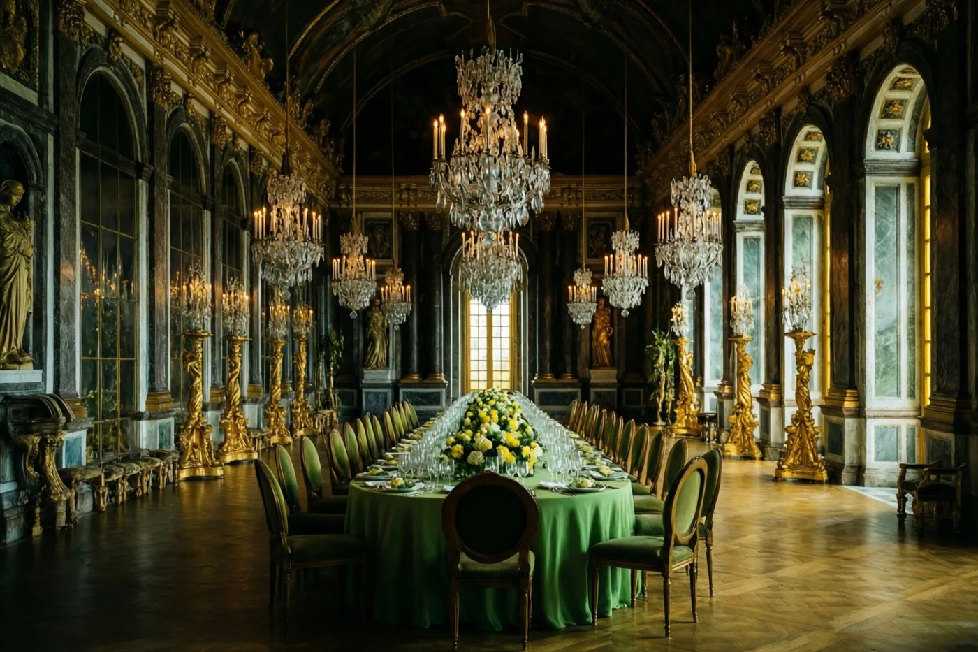 Een lange tafel met een groen tafelkleed staat gedekt voor een huwelijksdiner in een rijkversierde zaal met kroonluchters, gouden decoraties, marmeren muren en boogramen.