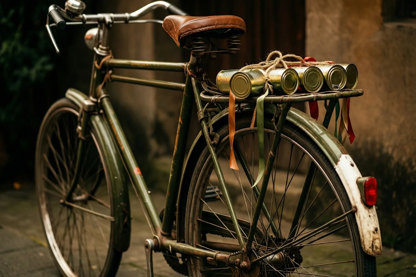 Een oude groene fiets met een bruin leren zadel heeft blikken met touw en kleurrijke linten op de bagagedrager, tegen een onscherpe landelijke achtergrond in aardetinten.