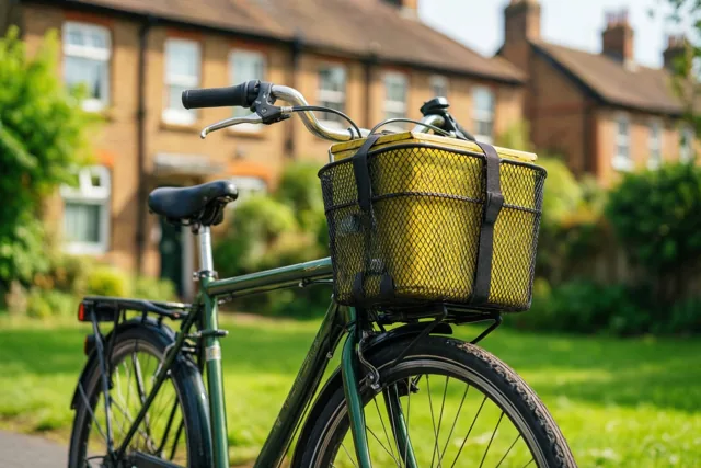 Een groene fiets met een gele verhuisdoos in een zwarte gaasmand staat op het gras voor een bakstenen rijhuis in helder zonlicht.