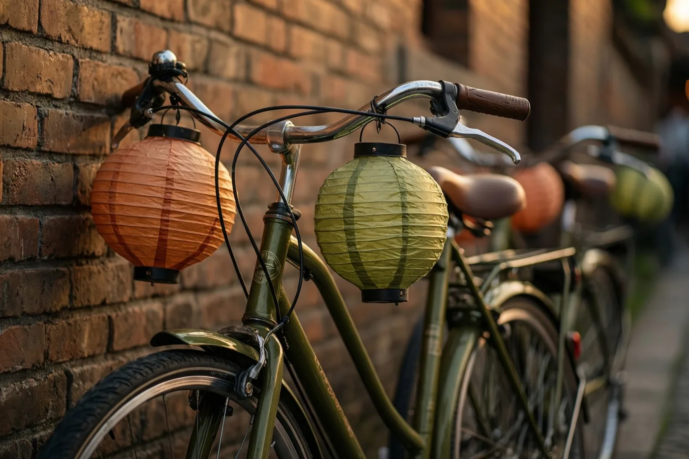 Een groene fiets met papieren lampionnen aan het stuur staat tegen een bakstenen muur in warm, goudkleurig licht.
