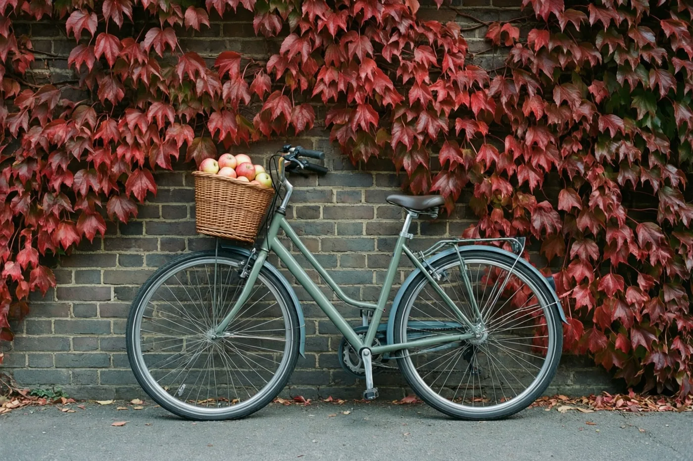 Een groene fiets met een rieten mand vol appels leunt tegen een donkere bakstenen muur met felrode herfstbladeren.
