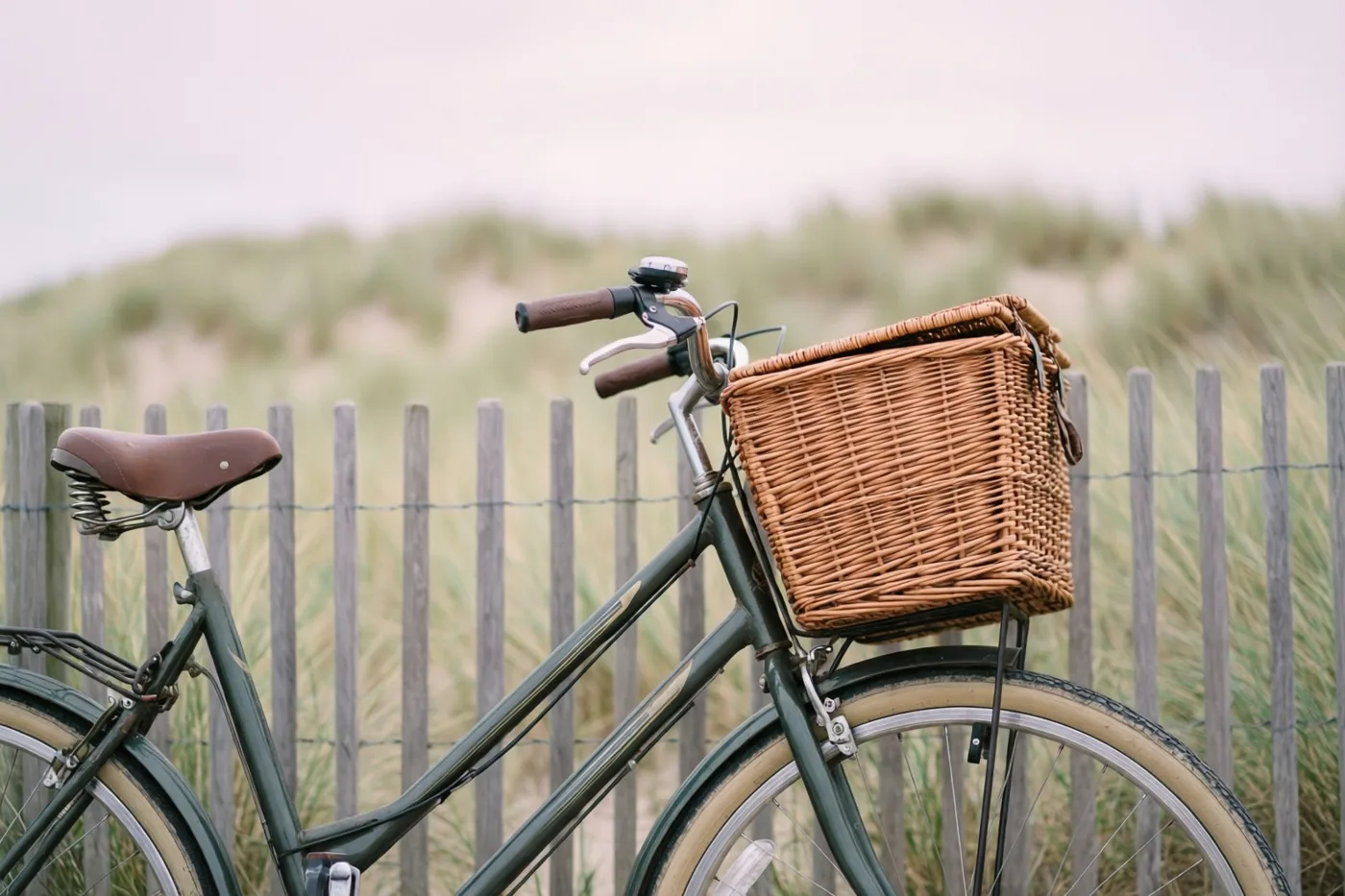 Een oude groene fiets met een rieten mand staat tegen een houten hek in de duinen, in zachte aardtinten.