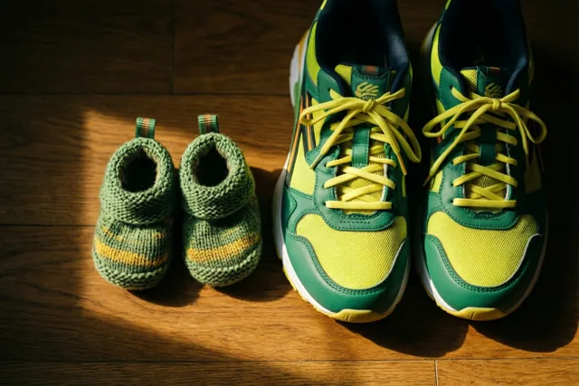 Groen-gele gebreide babyschoentjes staan naast groen-gele sneakers voor volwassenen op een warm verlichte houten vloer.