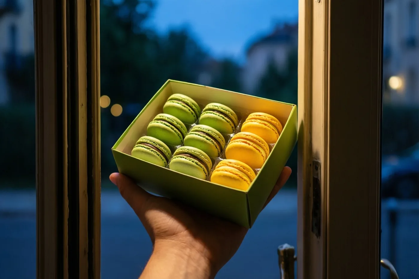 Een hand steekt een doos groene en gele macarons door een halfopen houten deur, met buiten een schemerblauwe achtergrond en onscherpe lichtjes.