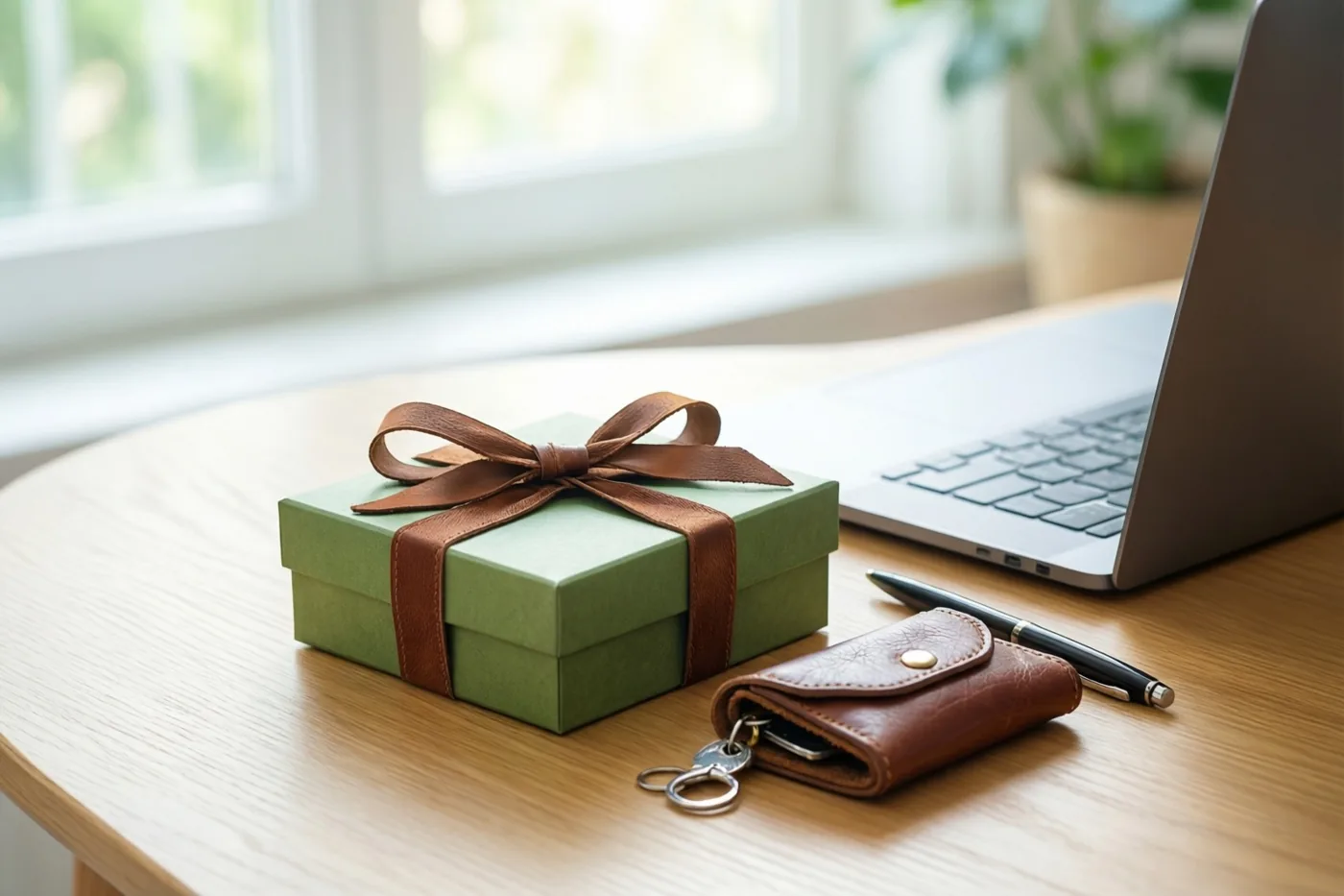Een groene geschenkdoos met een bruin leren lint staat op een licht houten bureau naast een zilverkleurige laptop, een bruin leren sleuteletui en een zwarte pen, in zacht daglicht.