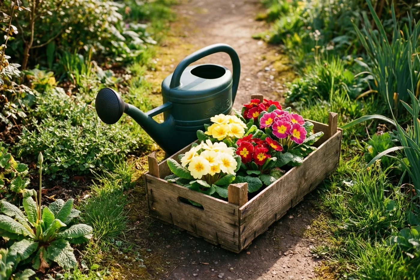 Een groene gieter en een houten kist met kleurrijke primula's staan op een aarden tuinpad tussen groen in warm zonlicht.