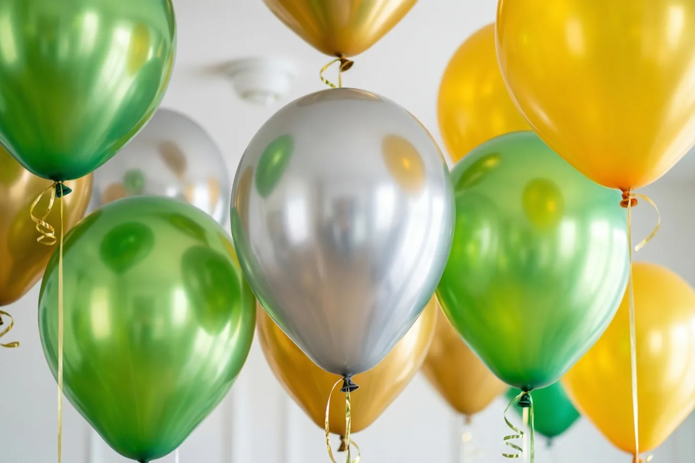 Glanzende groene, goudkleurige en zilverkleurige ballonnen zweven tegen een effen wit plafond.