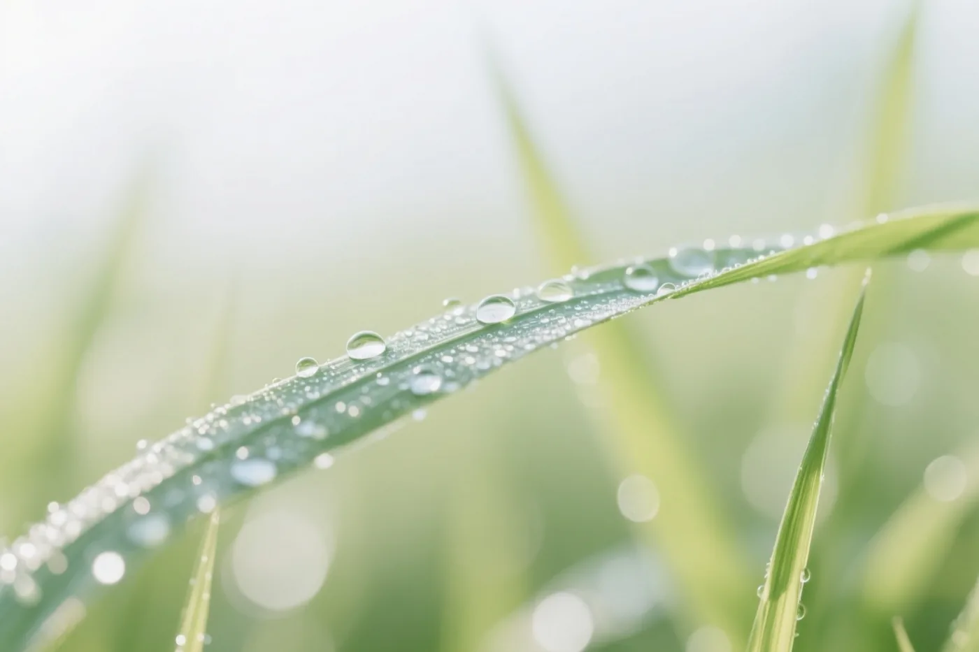 Een groene grasspriet met glinsterende dauwdruppels is van dichtbij te zien tegen een zacht vervaagde groen-witte achtergrond.