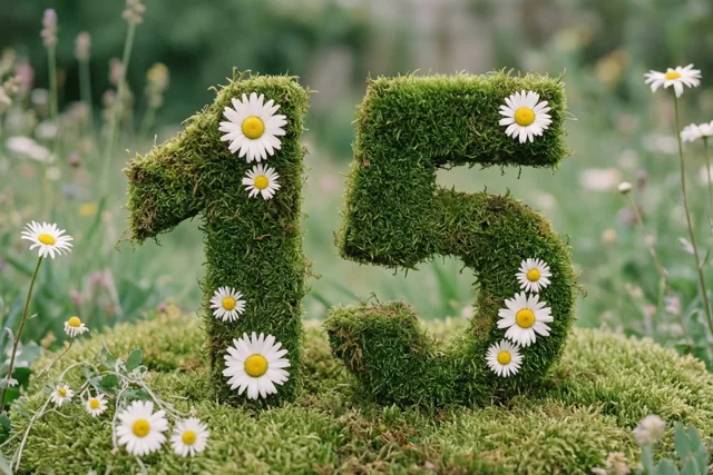 Het getal 15 is gevormd uit een bemoste groene haag met witte madeliefjes, met onscherp tuingroen op de achtergrond.