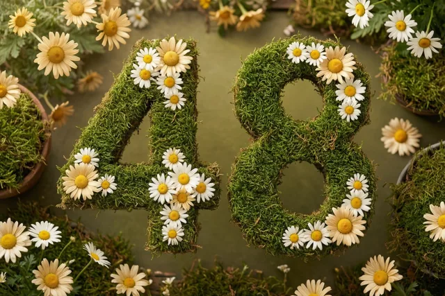 Een mossige groene haag vormt het getal 48 en is versierd met madeliefjes in een landelijke tuin.