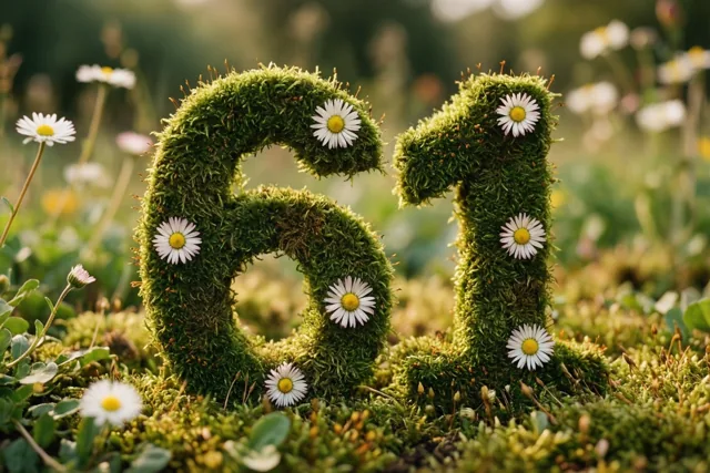 Een mossige groene haag vormt het getal 61, versierd met witte madeliefjes in een landelijke tuin.