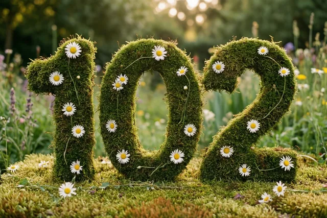 Een mosgroene haag vormt het getal 102 en is versierd met witte madeliefjes in een landelijke tuin met onscherp gebladerte op de achtergrond.