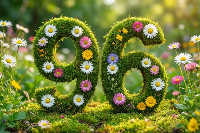 Een groene haag met mos vormt het getal 96 en is versierd met kleurrijke madeliefjes in een landelijke tuin.