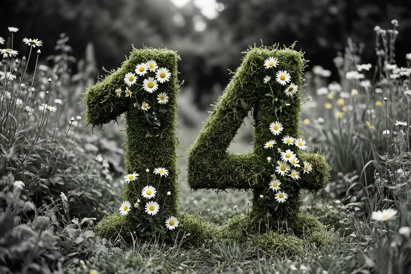 Het getal 14 van een bemoste haag met witte madeliefjes blijft in kleur tegen een zwart-witte tuinachtergrond.