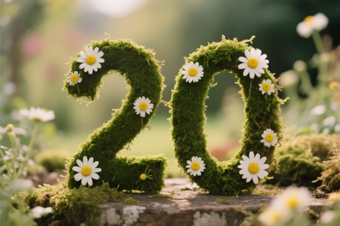 Een mossige groene haag vormt het getal 20 en is versierd met witte madeliefjes, in een landelijke tuin met onscherp groen op de achtergrond.