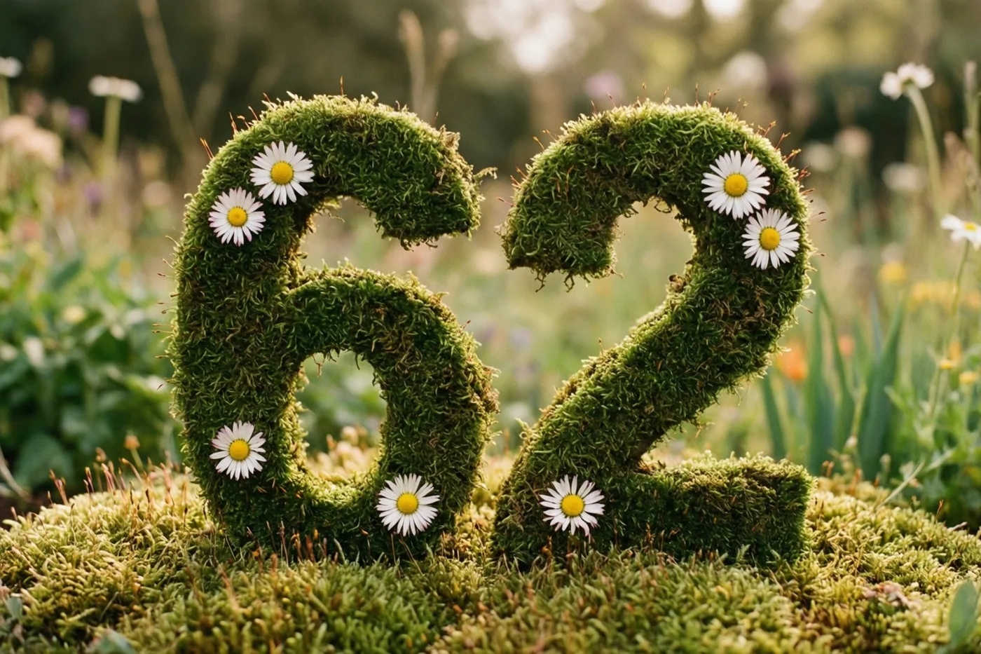 Een mossige groene haag in de vorm van 62 is versierd met witte madeliefjes, met onscherp tuingroen erachter in zacht natuurlijk licht.