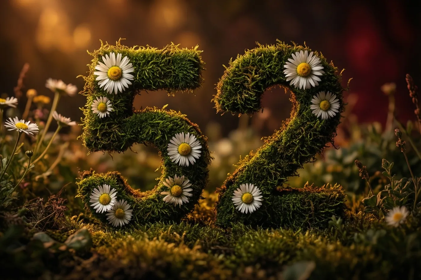 Een bemoste groene haag vormt het getal 52, versierd met witte madeliefjes in een landelijke tuin met een warme, onscherpe achtergrond.