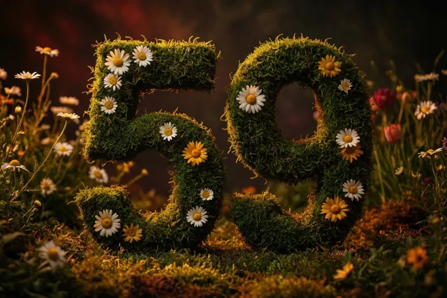 Een mossige groene haag vormt 59 met madeliefjes in een landelijk aangelegde tuin met onscherpe bloemen en warm licht.