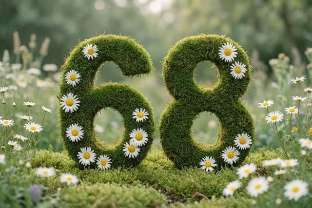 Een bemoste groene haag vormt het getal 68 en is versierd met witte madeliefjes in een landelijke tuin met een onscherpe natuurlijke achtergrond.
