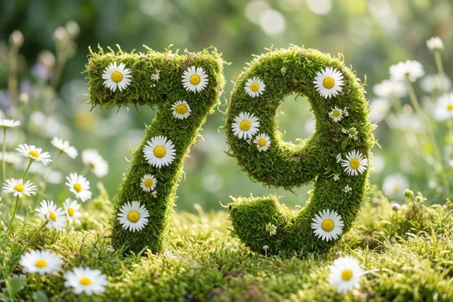 Het getal 79 is gevormd uit een mossige groene haag en versierd met witte madeliefjes met gele hartjes in een landelijke tuin.
