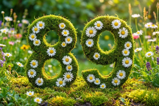 Een groene haag met mos vormt het getal 89, versierd met witte madeliefjes in een landelijke tuin met onscherpe veldbloemen op de achtergrond.