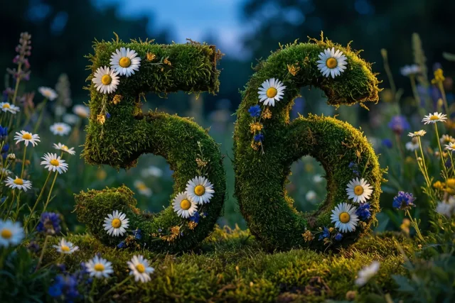 Het getal 56 is gevormd uit een mossige groene haag met witte madeliefjes in een landelijke tuin met onscherpe wilde bloemen op de achtergrond.