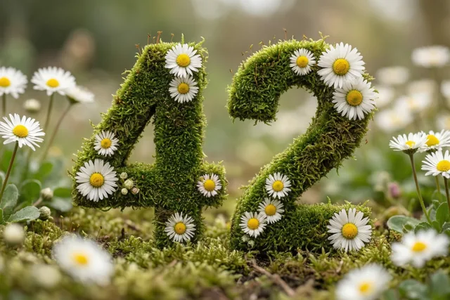Een met mos begroeide groene haag vormt het getal 42 en is versierd met witte madeliefjes in een landelijke tuin.