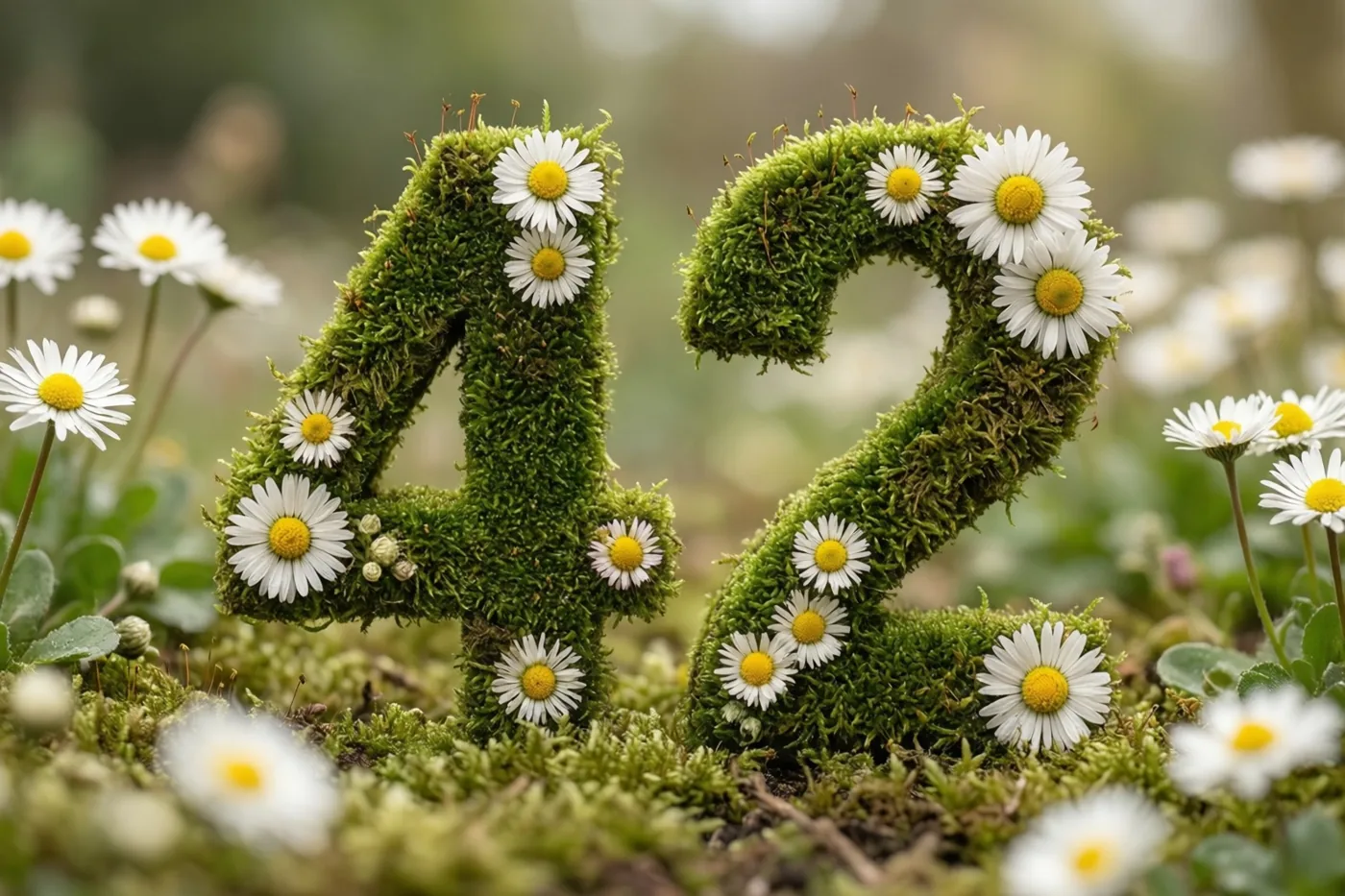 Een met mos begroeide groene haag vormt het getal 42 en is versierd met witte madeliefjes in een landelijke tuin.