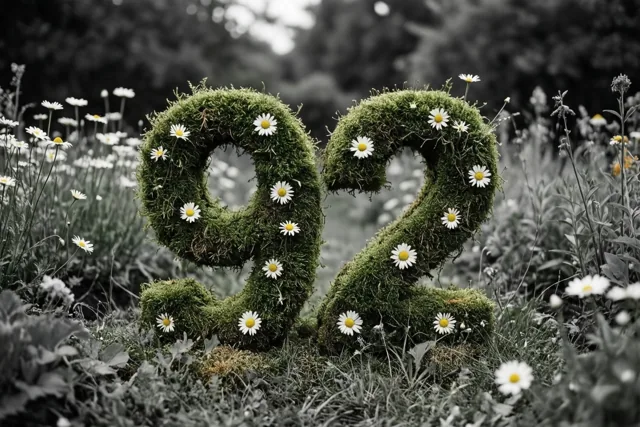 Een met mos begroeide haag vormt 92 met witte madeliefjes, waarbij het groen en de bloemen in kleur afsteken tegen een zwart-witte tuinachtergrond.