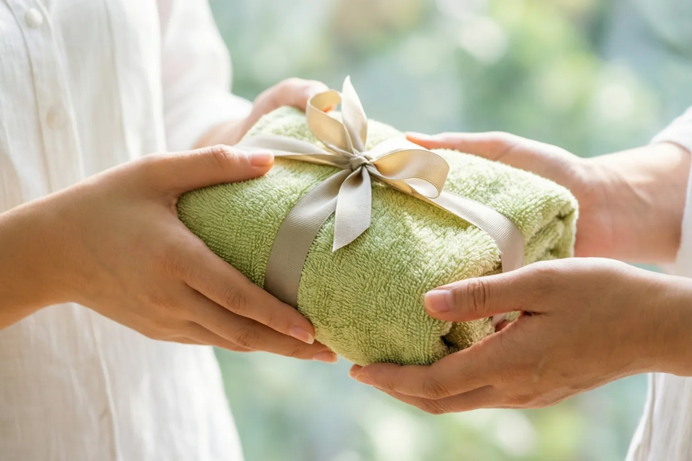 Twee handen geven een netjes opgerolde groene handdoek met een beige lint door tegen een zacht onscherpe achtergrond met daglicht en groen.