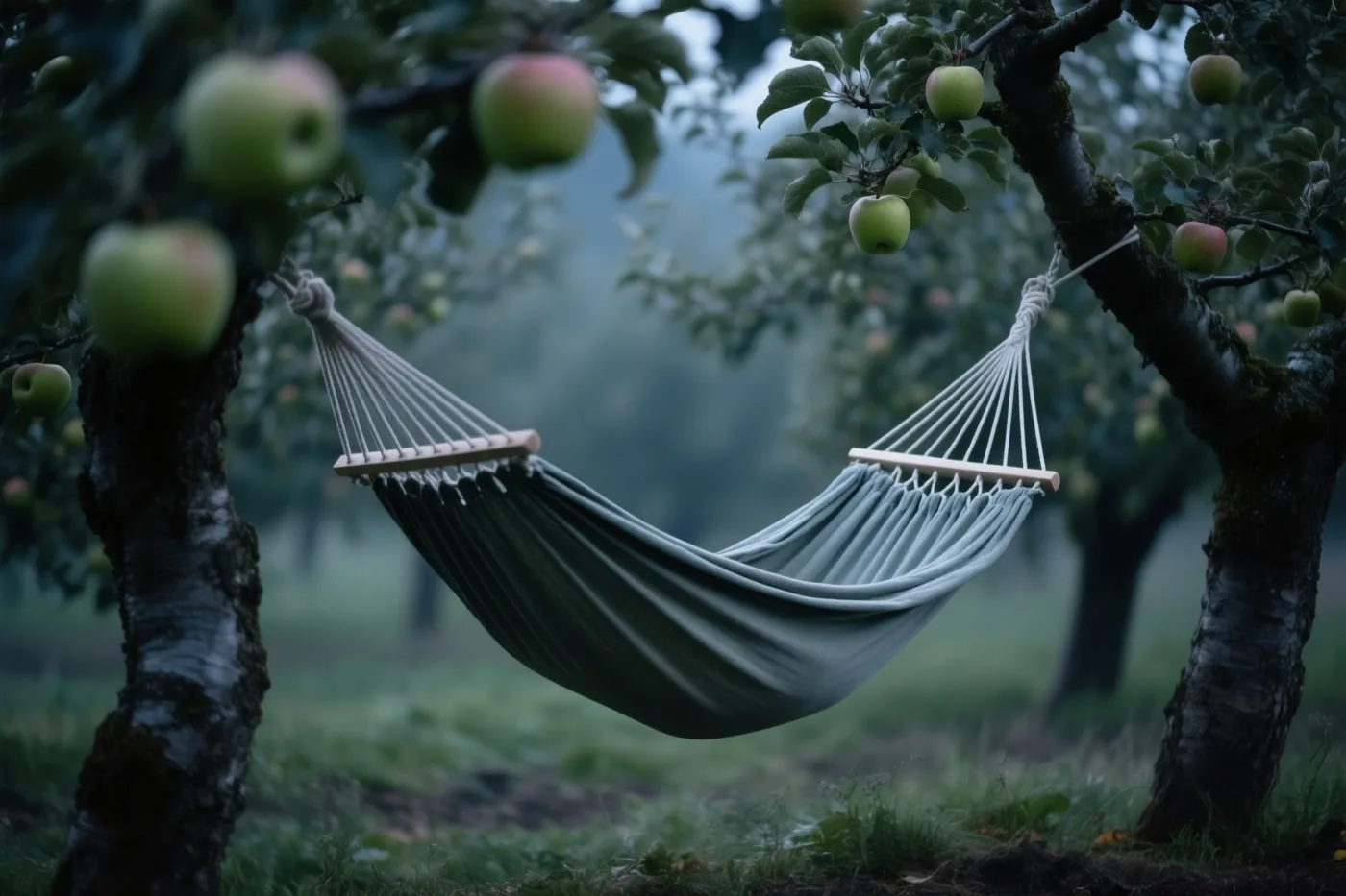 Een groene hangmat hangt tussen twee appelbomen in een mistige boomgaard, in zacht licht en gedempte groentinten.