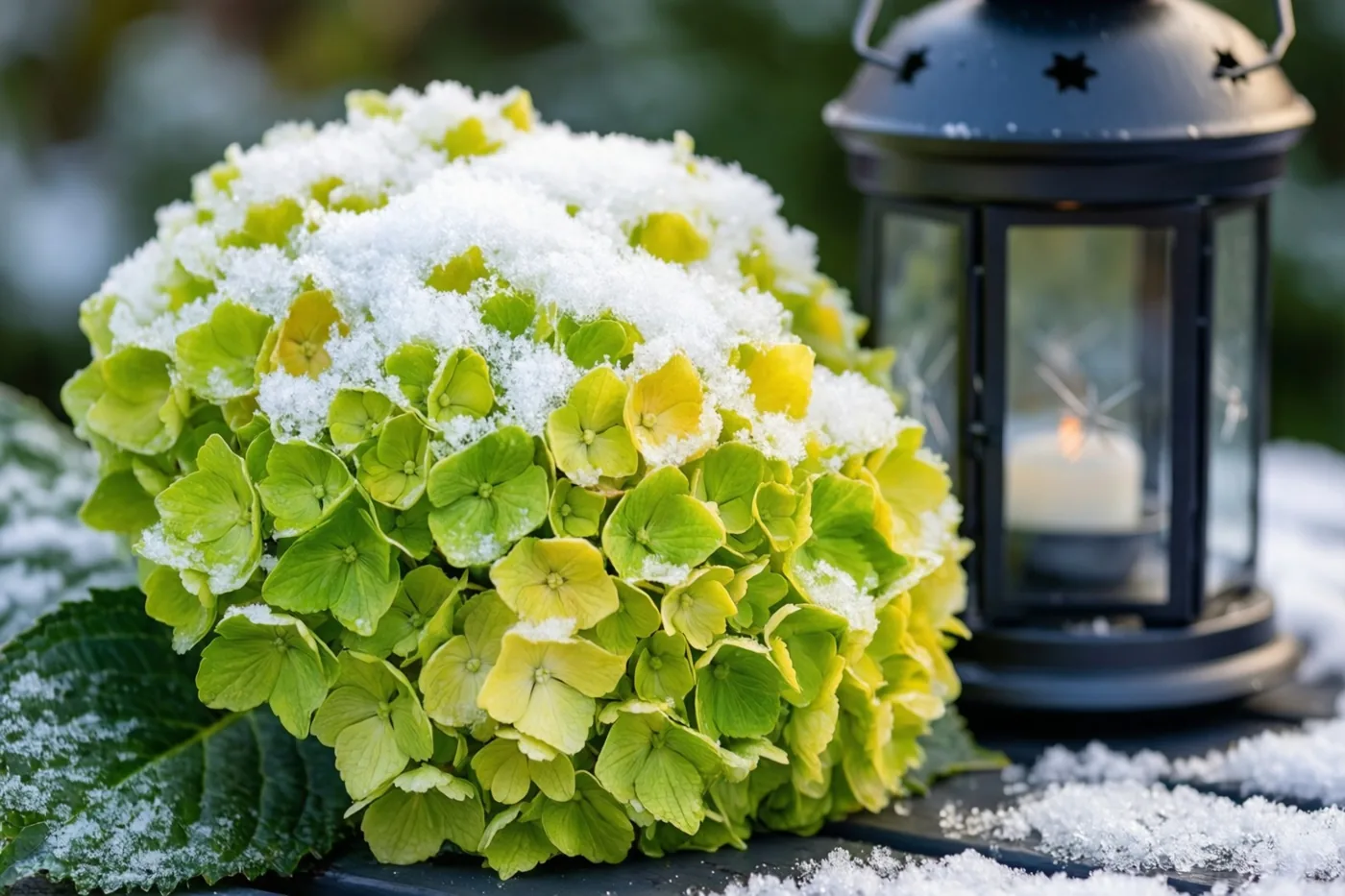 Een groene hortensiabloem met een laagje sneeuw ligt op een tuintafel naast een zwarte lantaarn met een brandende kaars.